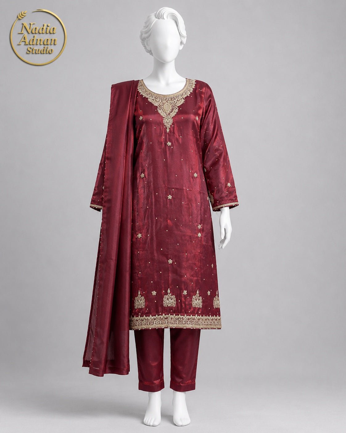 MAROON SILK SHIRT SUIT -M front view - Maroon Silk Shirt Suit by Nadia Adnan Studio
