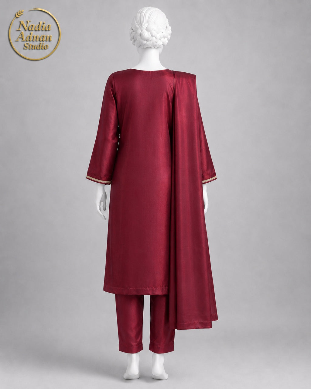 MAROON SILK SHIRT SUIT -M side view - Maroon Silk Shirt Suit by Nadia Adnan Studio