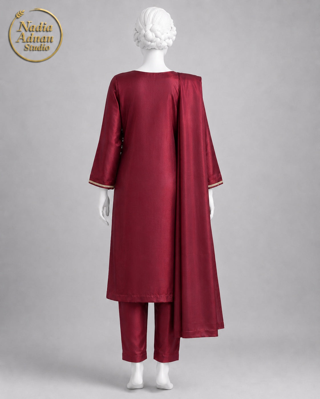 MAROON SILK SHIRT SUIT -M side view - Maroon Silk Shirt Suit by Nadia Adnan Studio