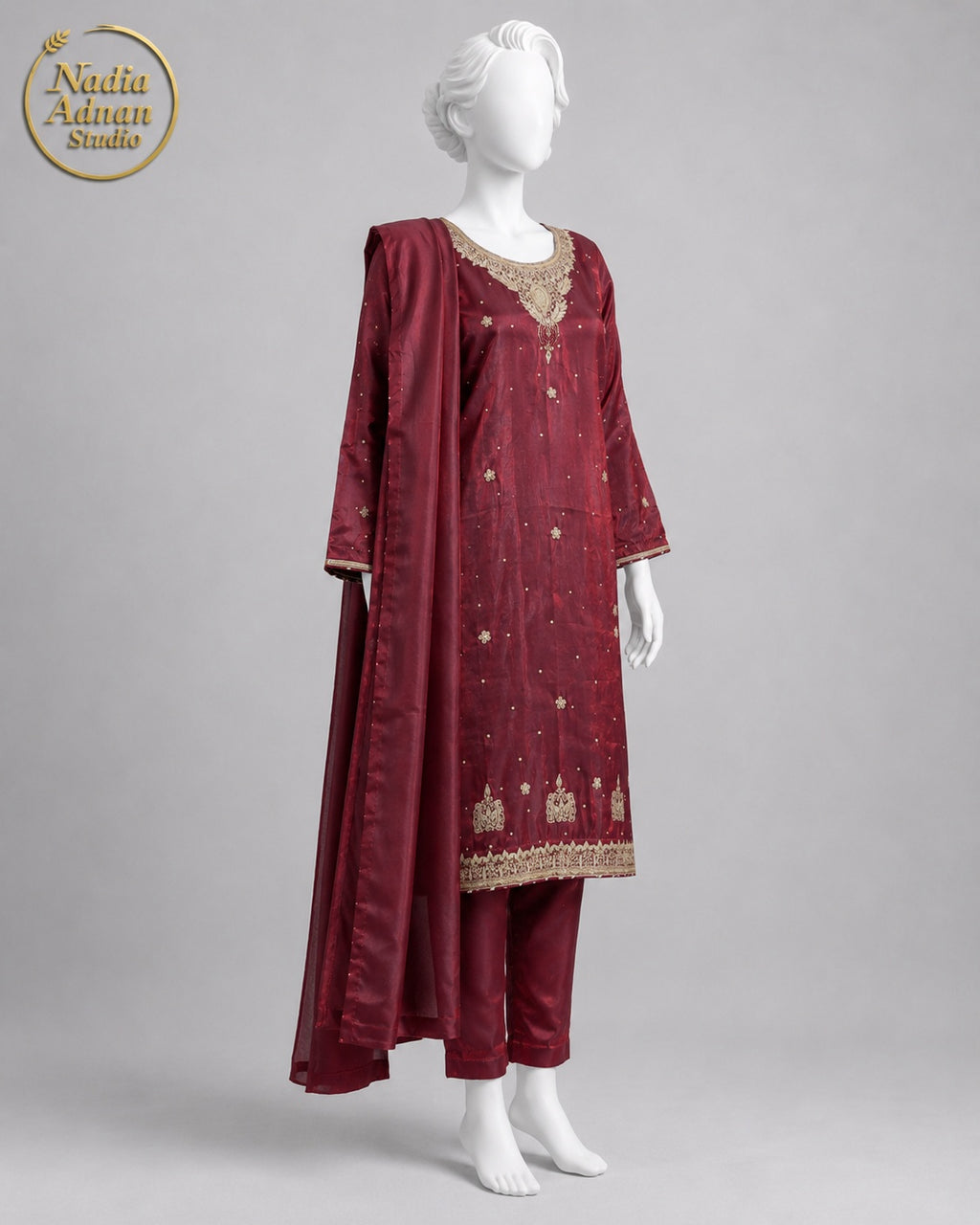 MAROON SILK SHIRT SUIT -M back view - Maroon Silk Shirt Suit by Nadia Adnan Studio