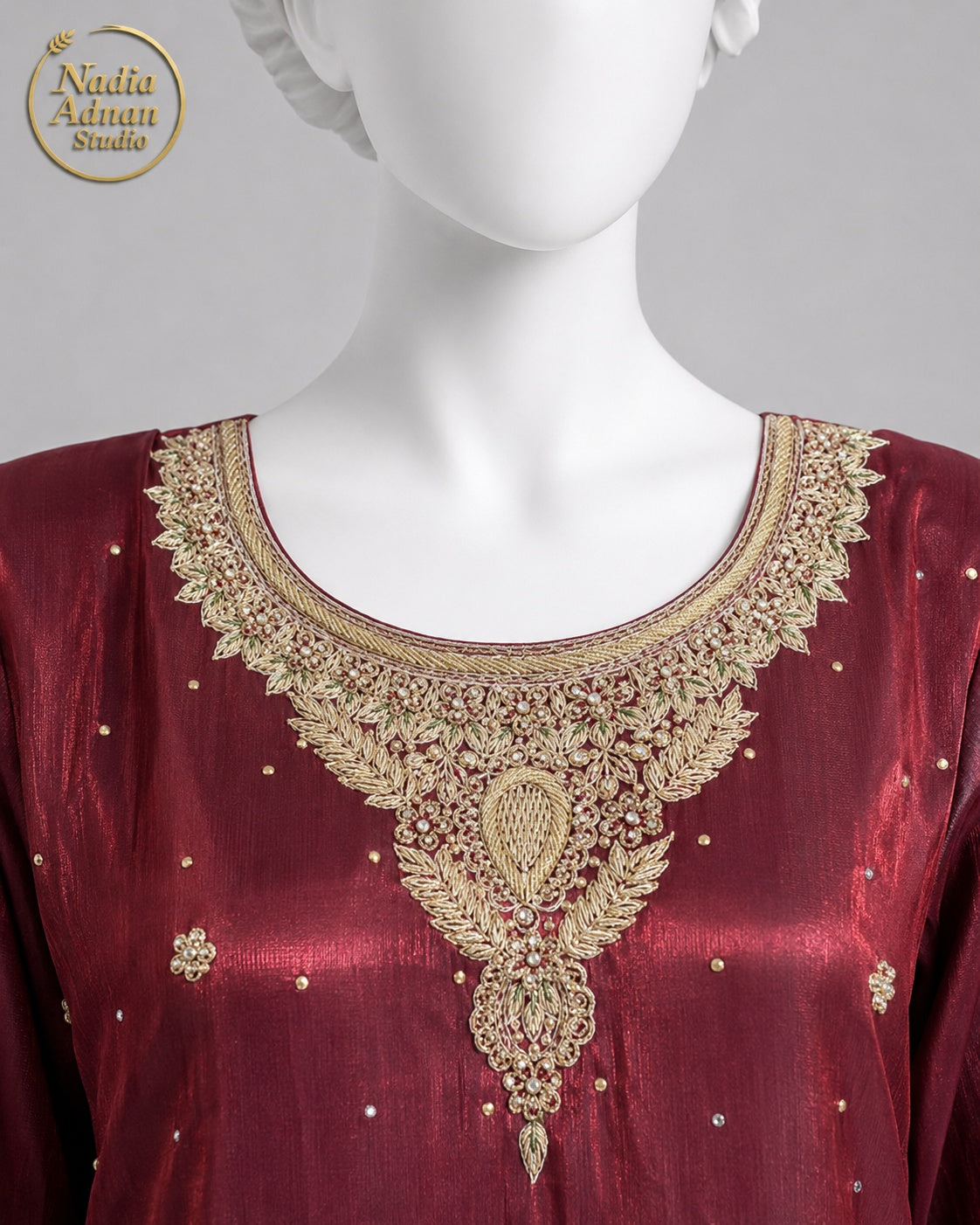 MAROON SILK SHIRT SUIT -M neckline close-up - Maroon Silk Shirt Suit by Nadia Adnan Studio