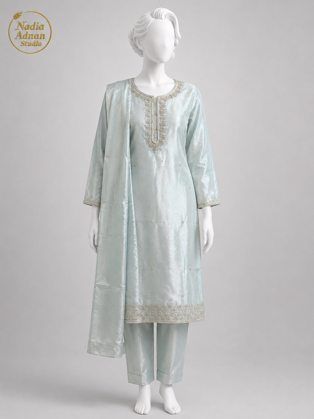 BLUE LAMBA TISSUE SHIRT SUIT -M / L front view - Ice Blue Lamba Shirt Suit by Nadia Adnan Studio