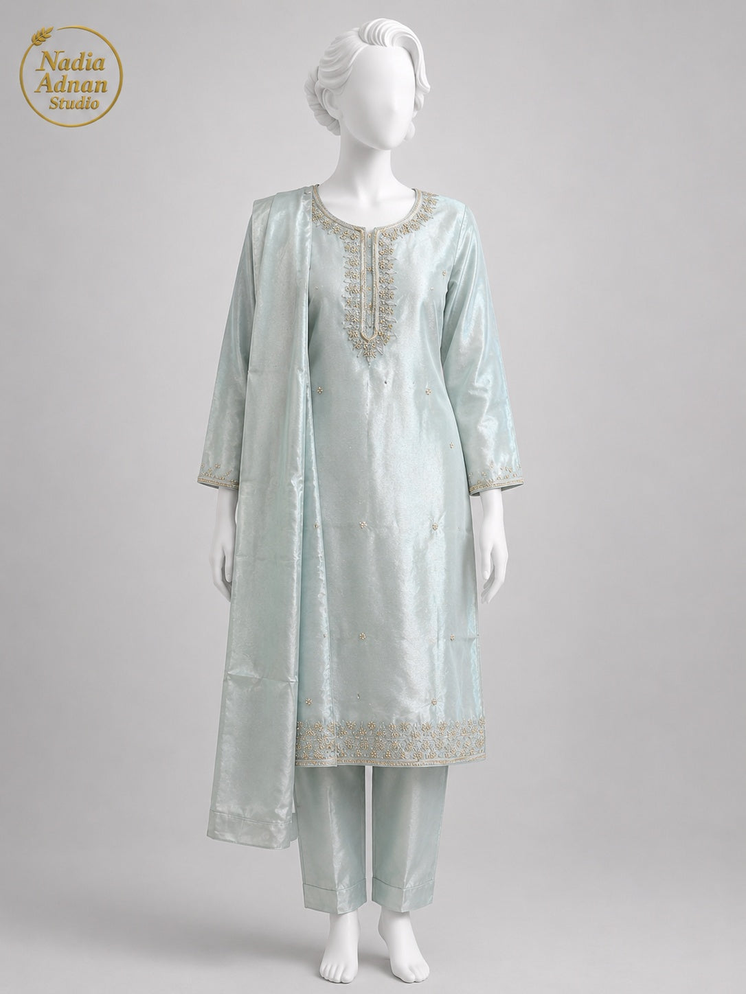 BLUE LAMBA TISSUE SHIRT SUIT -M / L front view - Ice Blue Lamba Shirt Suit by Nadia Adnan Studio