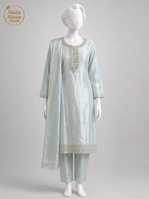 BLUE LAMBA TISSUE SHIRT SUIT -M / L front view - Ice Blue Lamba Shirt Suit by Nadia Adnan Studio