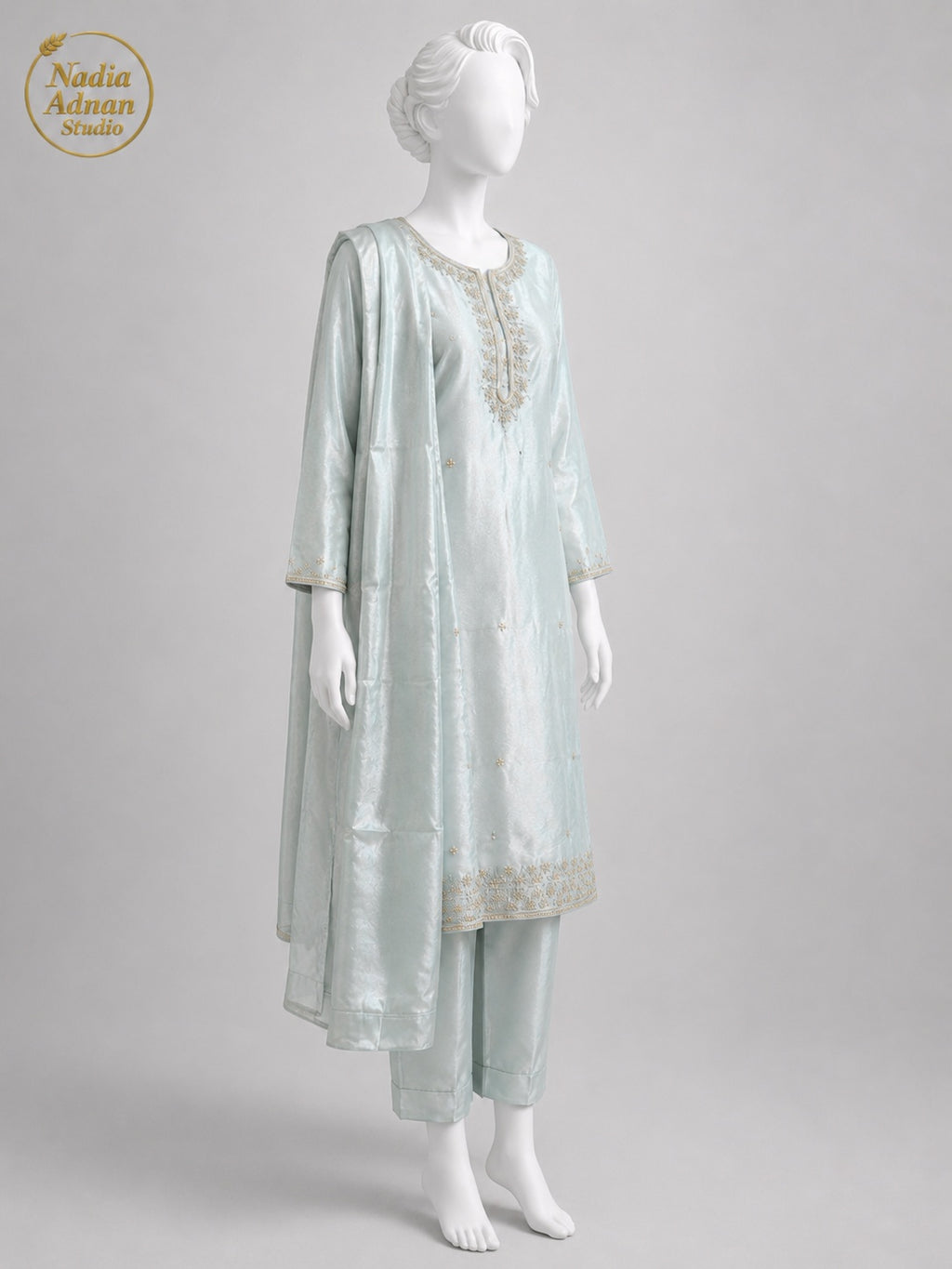 BLUE LAMBA TISSUE SHIRT SUIT -M / L side view - Ice Blue Lamba Shirt Suit by Nadia Adnan Studio