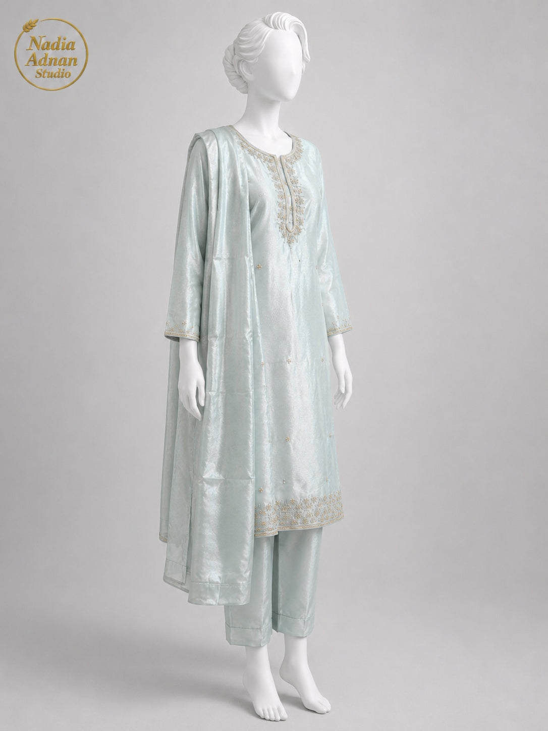 BLUE LAMBA TISSUE SHIRT SUIT -M / L side view - Ice Blue Lamba Shirt Suit by Nadia Adnan Studio