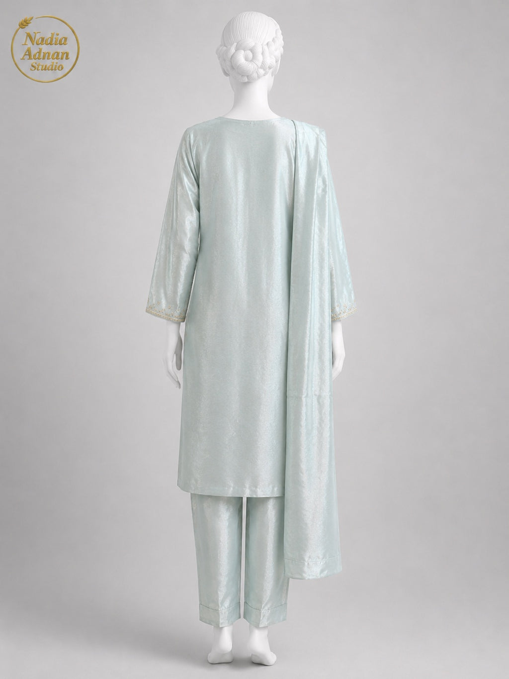 BLUE LAMBA TISSUE SHIRT SUIT -M / L back view - Ice Blue Lamba Shirt Suit by Nadia Adnan Studio
