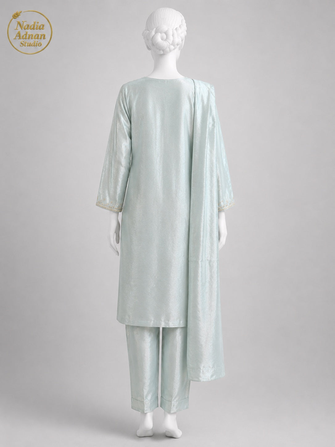 BLUE LAMBA TISSUE SHIRT SUIT -M / L back view - Ice Blue Lamba Shirt Suit by Nadia Adnan Studio
