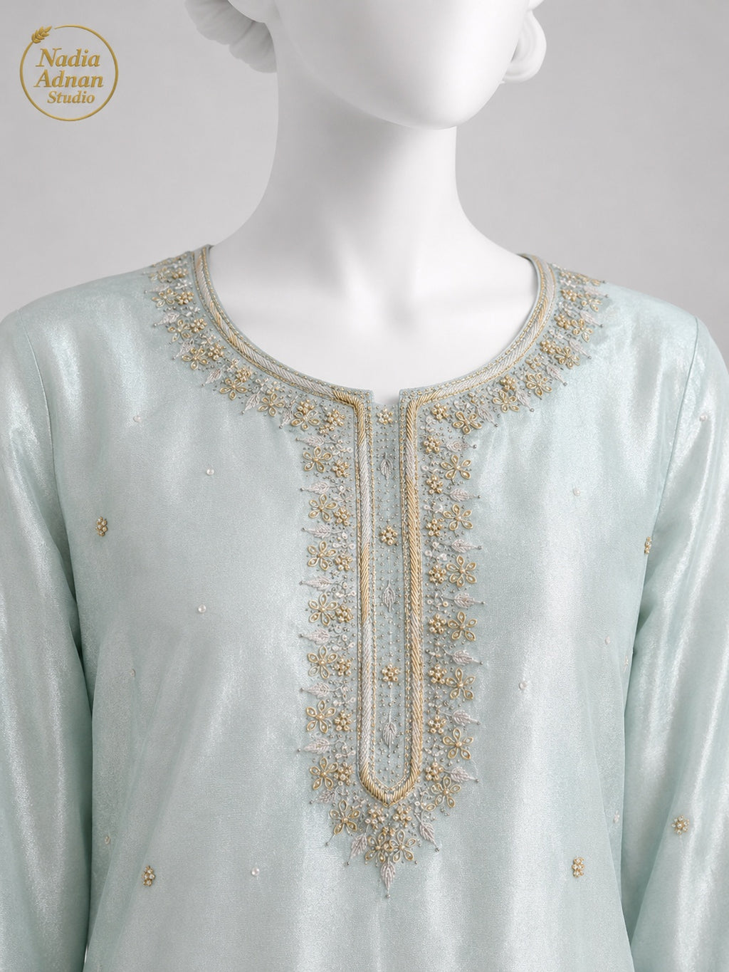 BLUE LAMBA TISSUE SHIRT SUIT -M / L neckline close-up - Ice Blue Lamba Shirt Suit by Nadia Adnan Studio