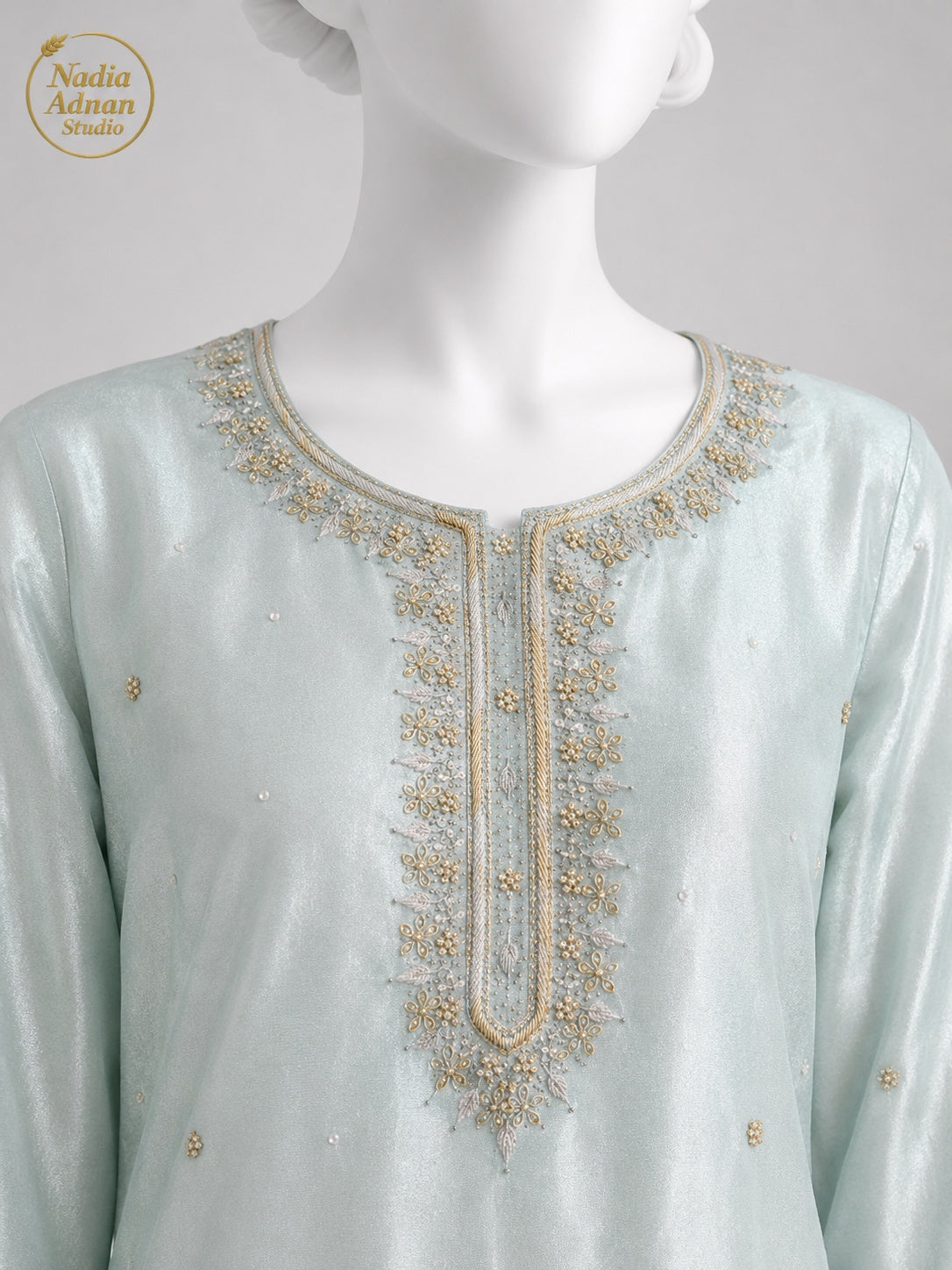 BLUE LAMBA TISSUE SHIRT SUIT -M / L neckline close-up - Ice Blue Lamba Shirt Suit by Nadia Adnan Studio