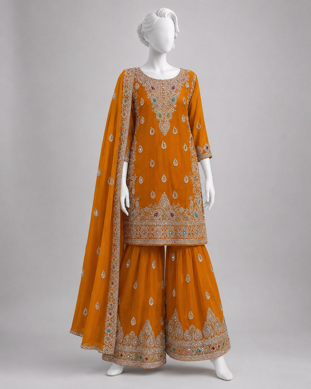 MUSTARD CHIFFON SHIRT PLAZO -M / L front view - Mustard Chiffon Shirt Plazo by Nadia Adnan Studio