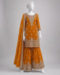 MUSTARD CHIFFON SHIRT PLAZO -M / L front view - Mustard Chiffon Shirt Plazo by Nadia Adnan Studio