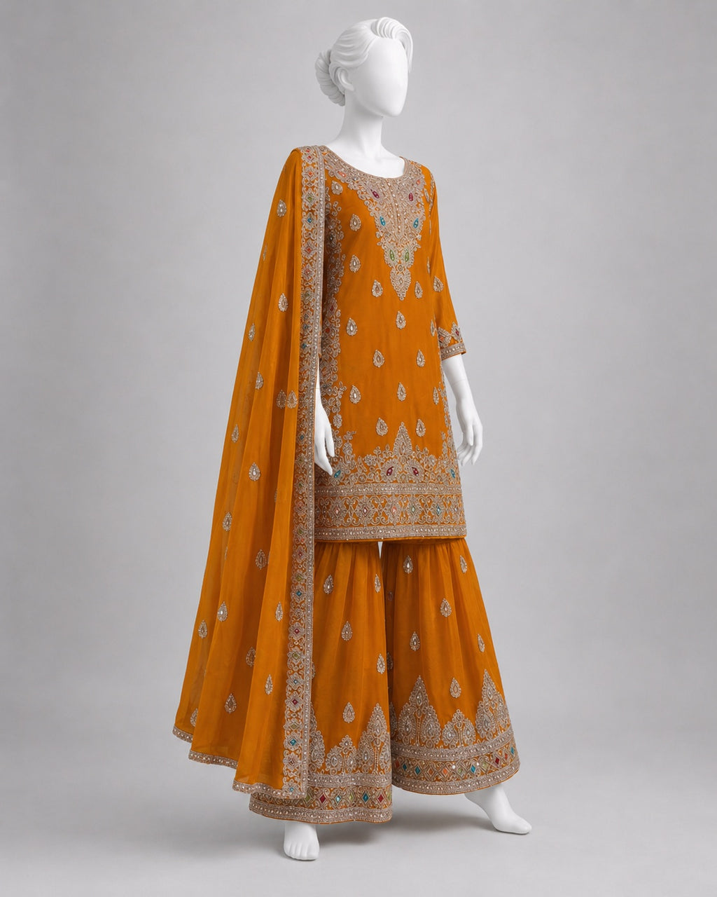 MUSTARD CHIFFON SHIRT PLAZO -M / L side view - Mustard Chiffon Shirt Plazo by Nadia Adnan Studio