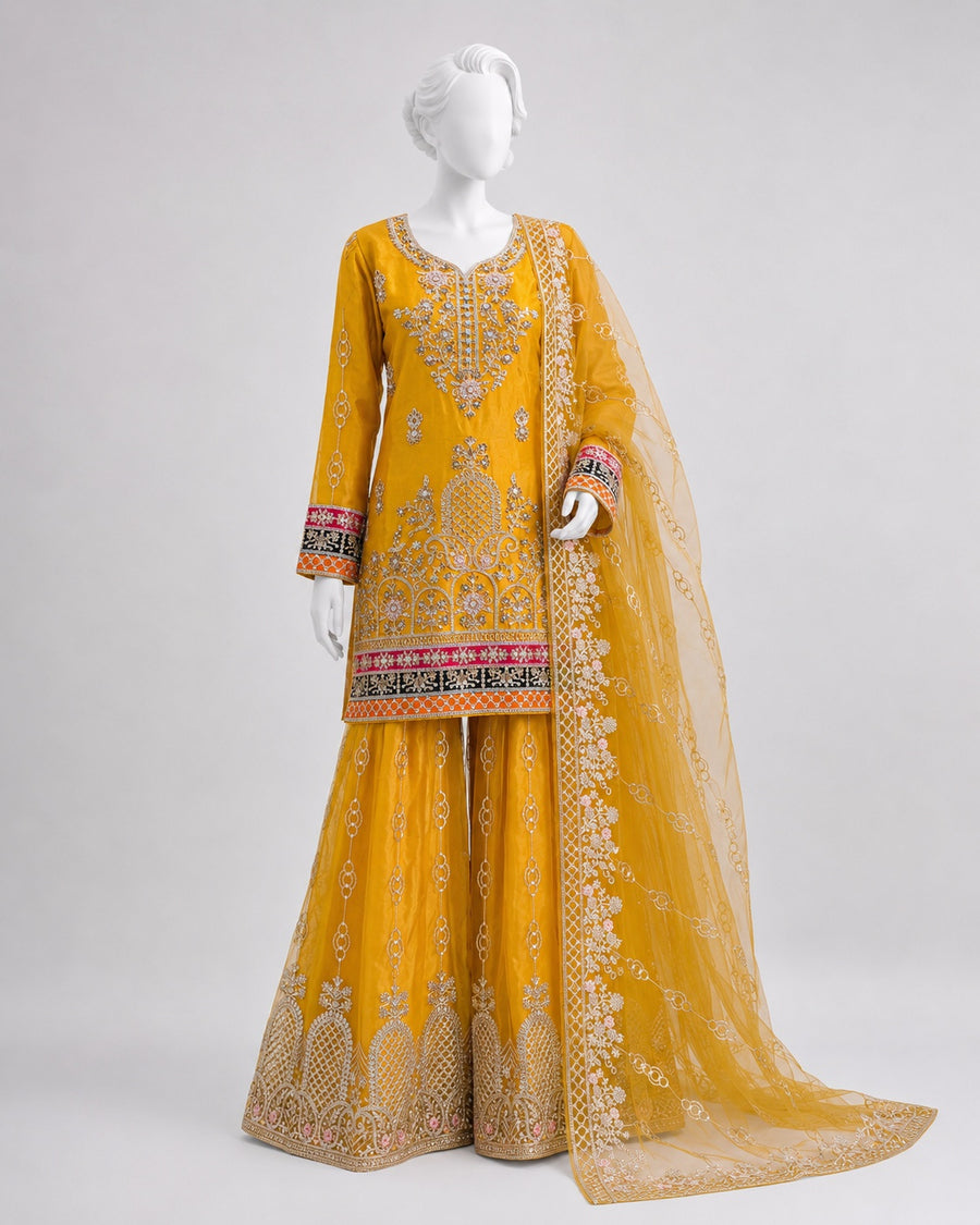 MUSTARD NET SHIRT SHIRT PLAZO -M / L front view - Mustard Net Shirt Plazo by Nadia Adnan Studio