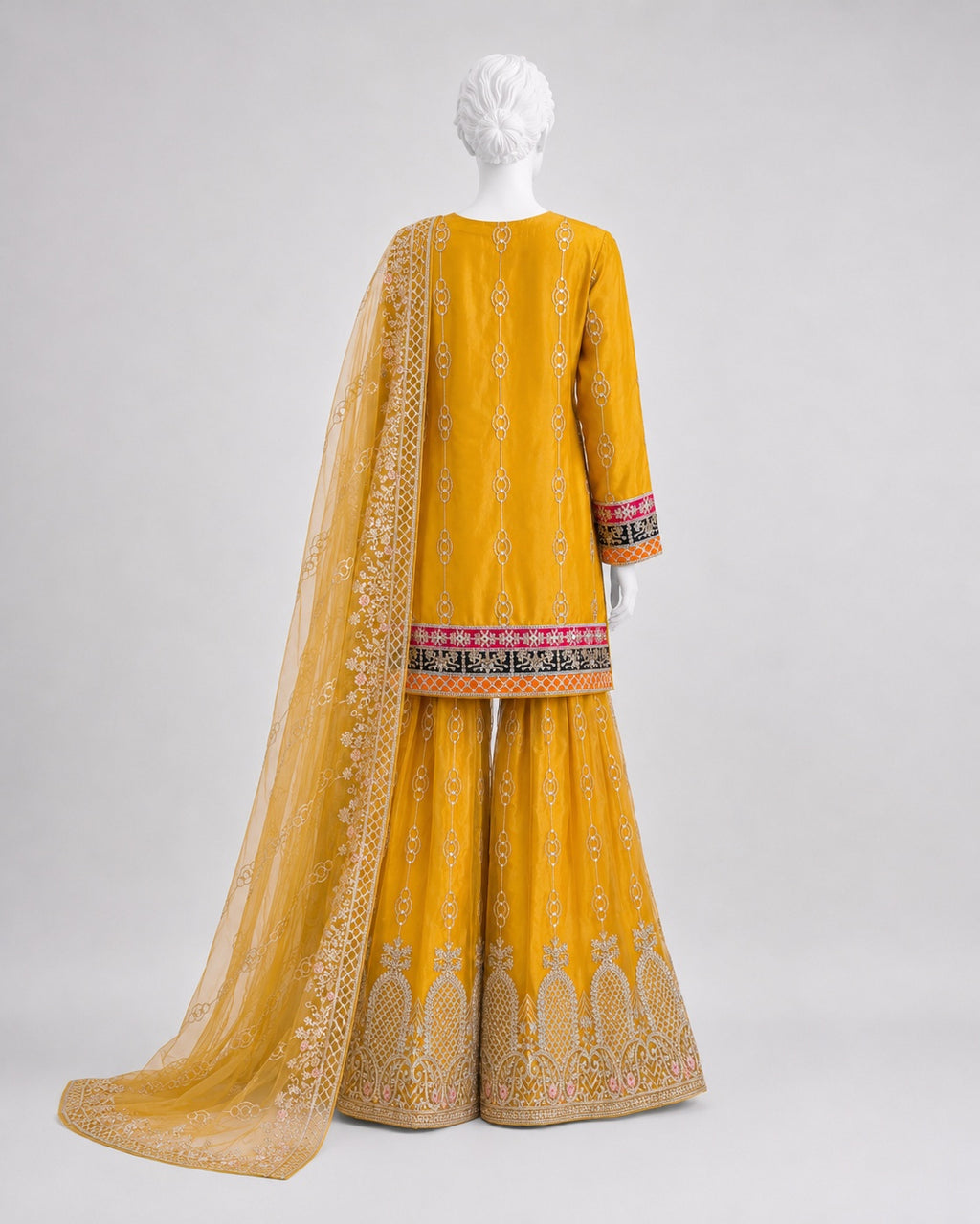 MUSTARD NET SHIRT SHIRT PLAZO -M / L back view - Mustard Net Shirt Plazo by Nadia Adnan Studio