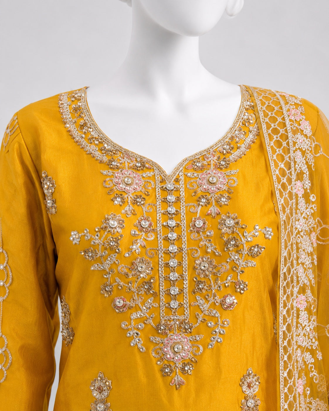 MUSTARD NET SHIRT SHIRT PLAZO -M / L neckline close-up - Mustard Net Shirt Plazo by Nadia Adnan Studio