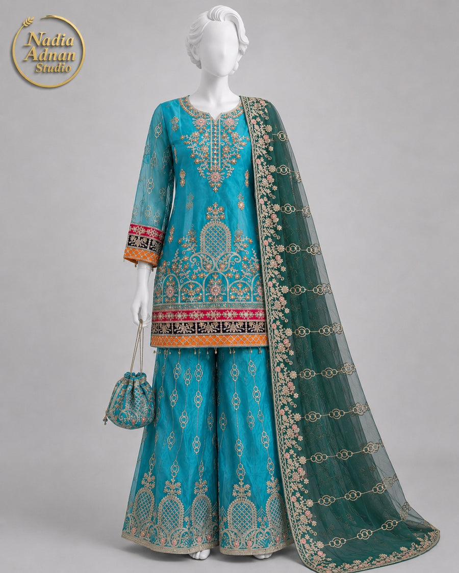 SEA GREEN NET SHIRT SHIRT PLAZO -M / L front view - Sea Green Net Shirt Plazo by Nadia Adnan Studio