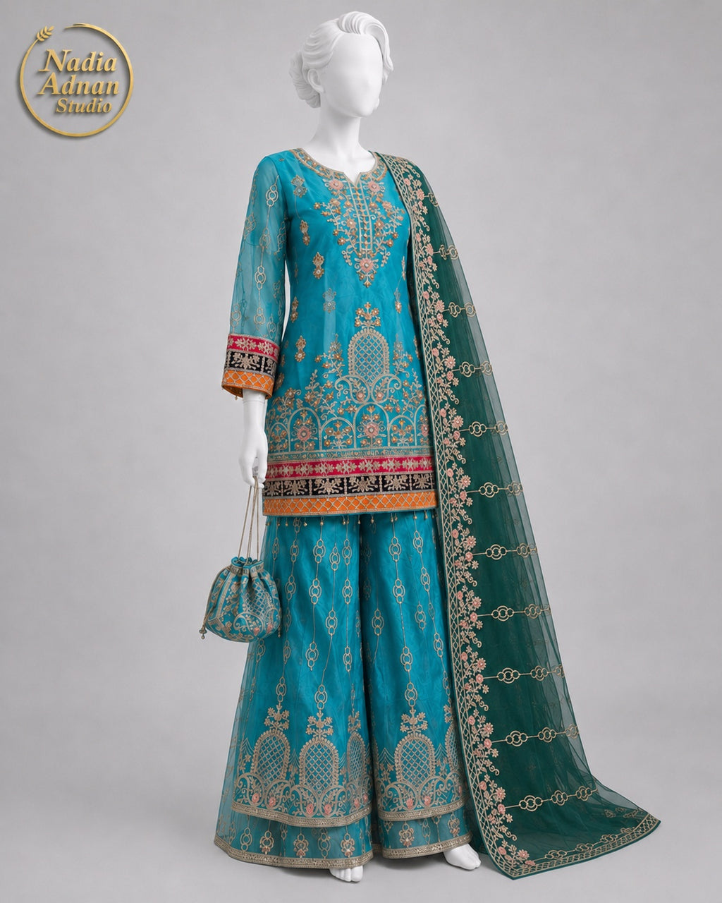 SEA GREEN NET SHIRT SHIRT PLAZO -M / L side view - Sea Green Net Shirt Plazo by Nadia Adnan Studio