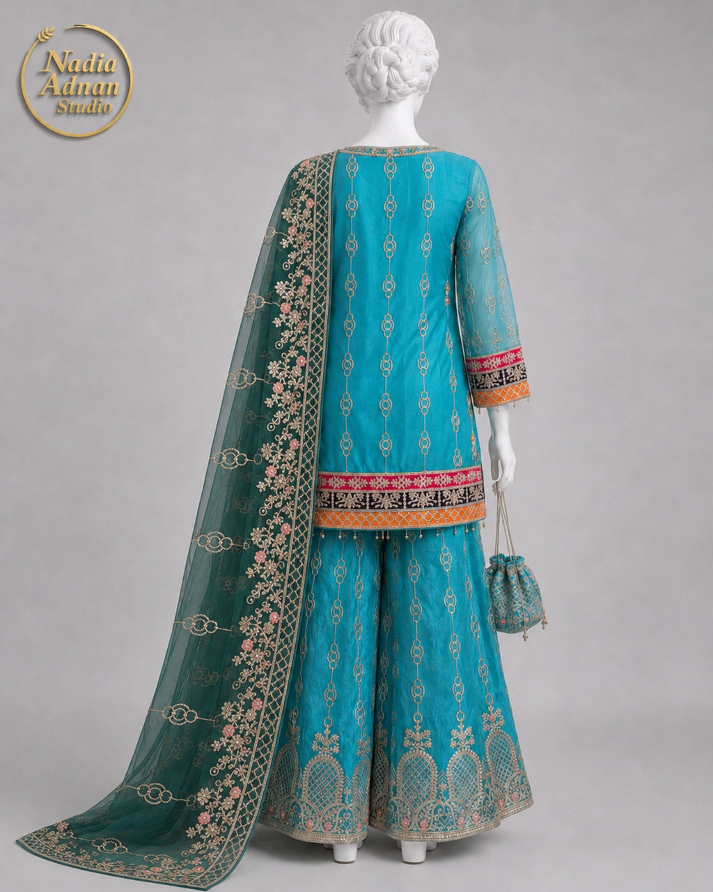 SEA GREEN NET SHIRT SHIRT PLAZO -M / L back view - Sea Green Net Shirt Plazo by Nadia Adnan Studio