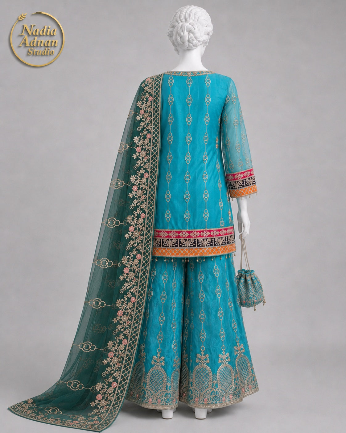 SEA GREEN NET SHIRT SHIRT PLAZO -M / L back view - Sea Green Net Shirt Plazo by Nadia Adnan Studio