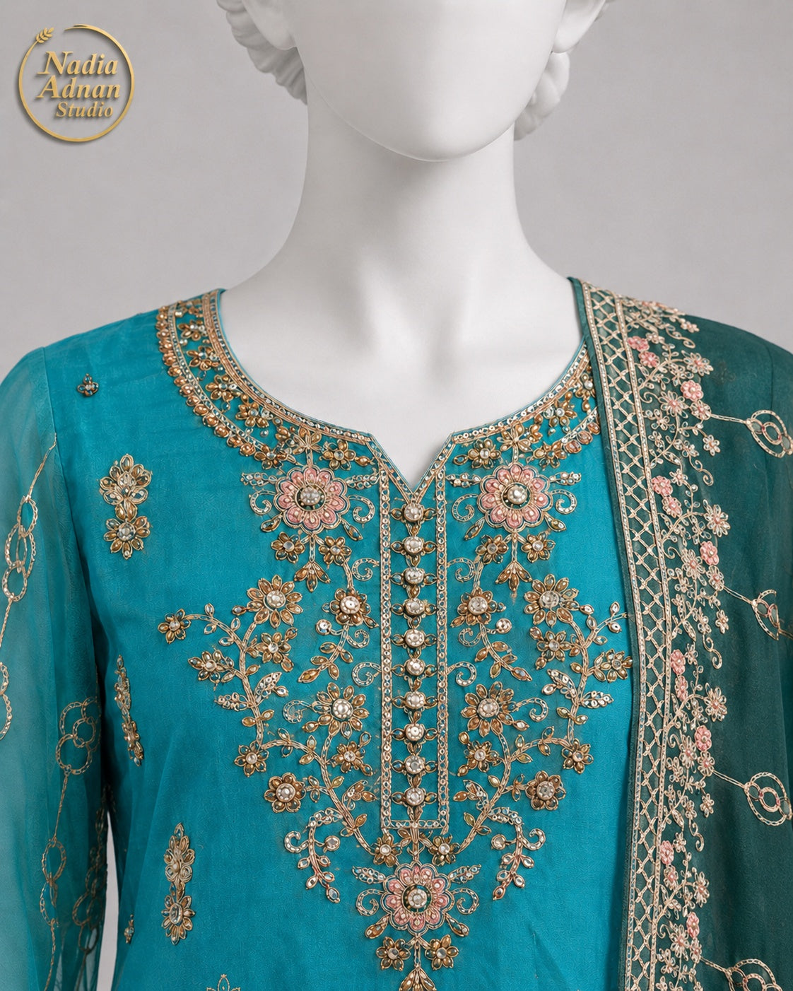 SEA GREEN NET SHIRT SHIRT PLAZO -M / L neckline close-up - Sea Green Net Shirt Plazo by Nadia Adnan Studio