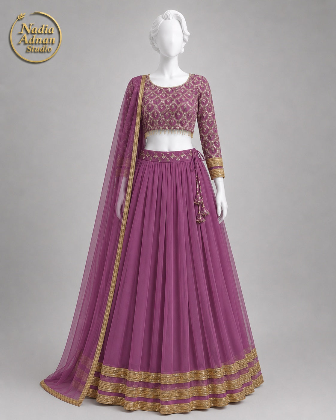 LILAC PINK CHIFFON LEHENGA -M front view - Lilac Pink Chiffon Lehenga by Nadia Adnan Studio