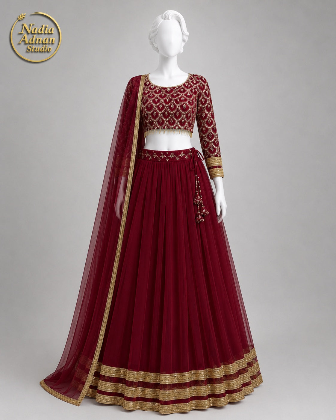 DEEP MAROON CHIFFON LEHENGA -M front view - Deep Maroon Chiffon Lehenga by Nadia Adnan Studio