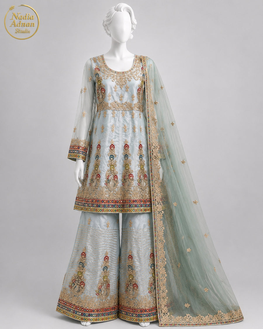 BLUE NET FROCK -M / L front view - Ice Blue Net Frock by Nadia Adnan Studio