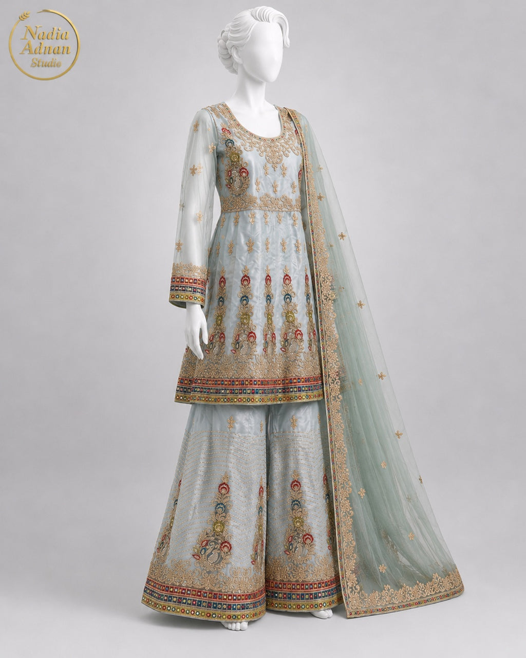 BLUE NET FROCK -M / L side view - Ice Blue Net Frock by Nadia Adnan Studio