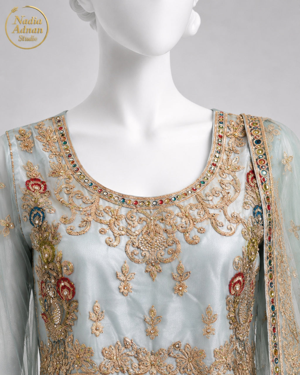 BLUE NET FROCK -M / L neckline close-up - Ice Blue Net Frock by Nadia Adnan Studio
