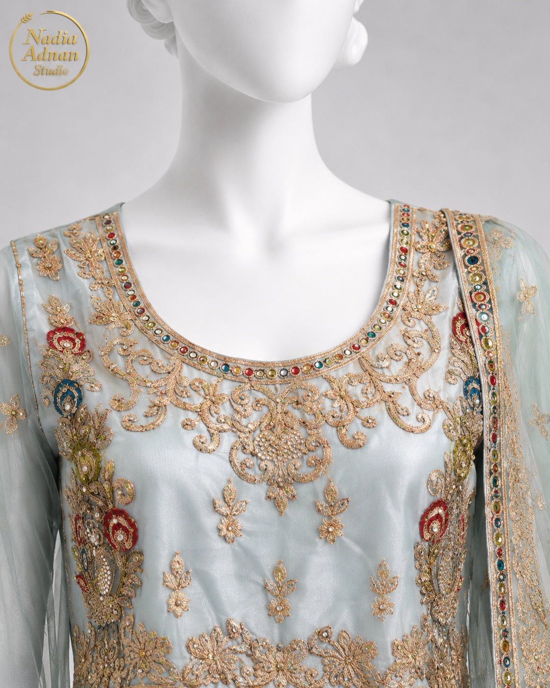 BLUE NET FROCK -M / L neckline close-up - Ice Blue Net Frock by Nadia Adnan Studio
