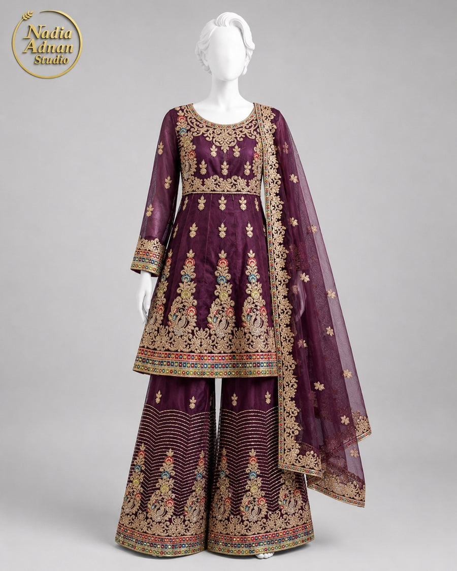 MAROON NET FROCK -M / L front view - Maroon Net Frock by Nadia Adnan Studio