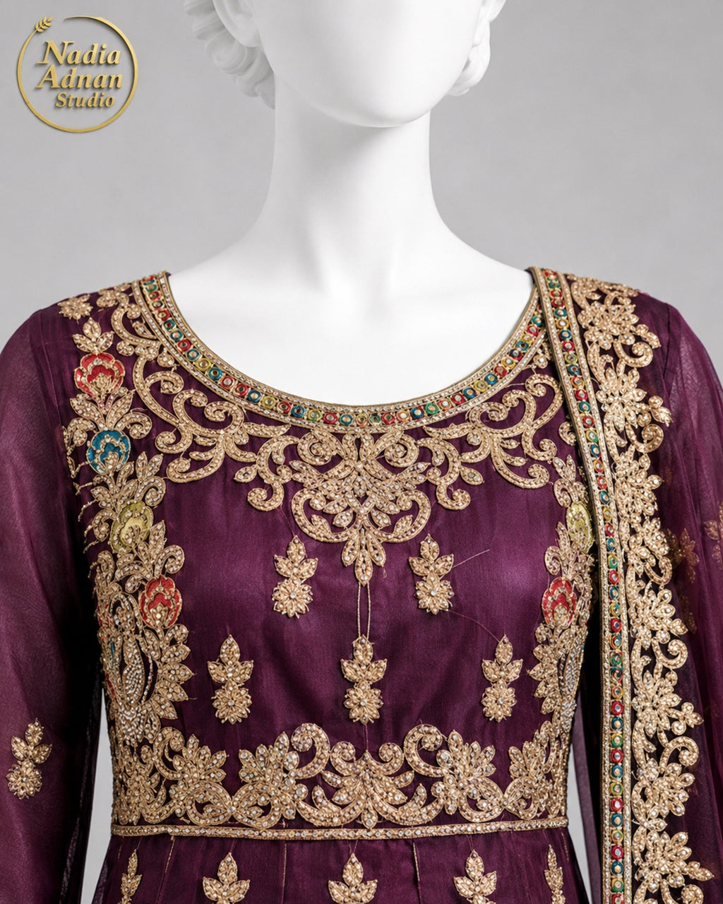 MAROON NET FROCK -M / L neckline close-up - Maroon Net Frock by Nadia Adnan Studio