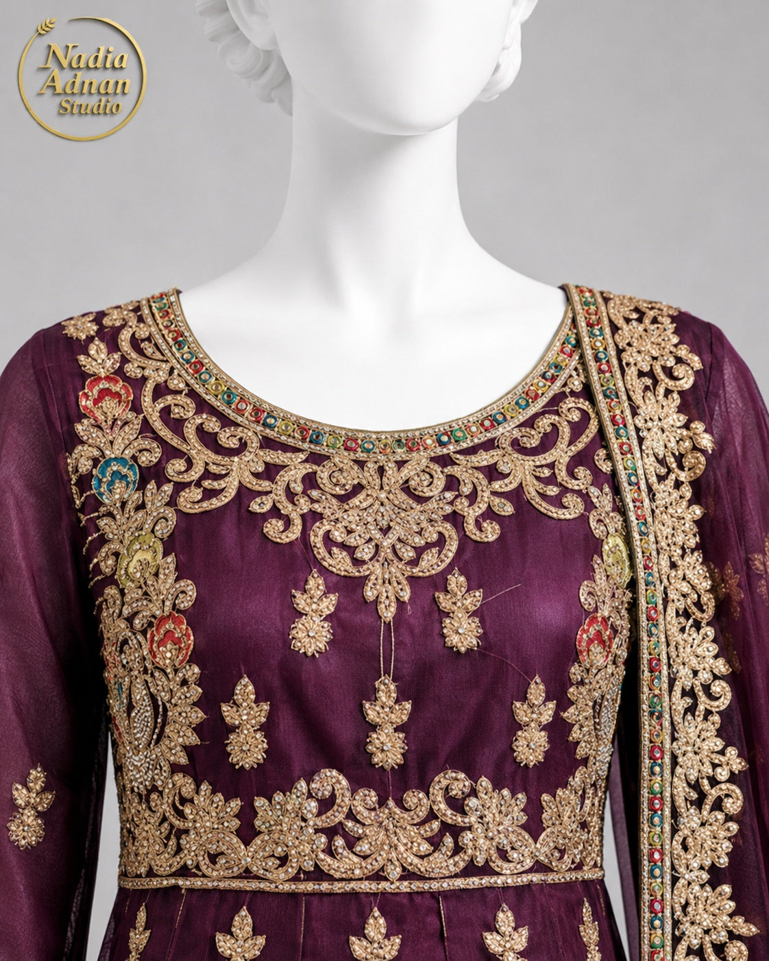 MAROON NET FROCK -M / L neckline close-up - Maroon Net Frock by Nadia Adnan Studio