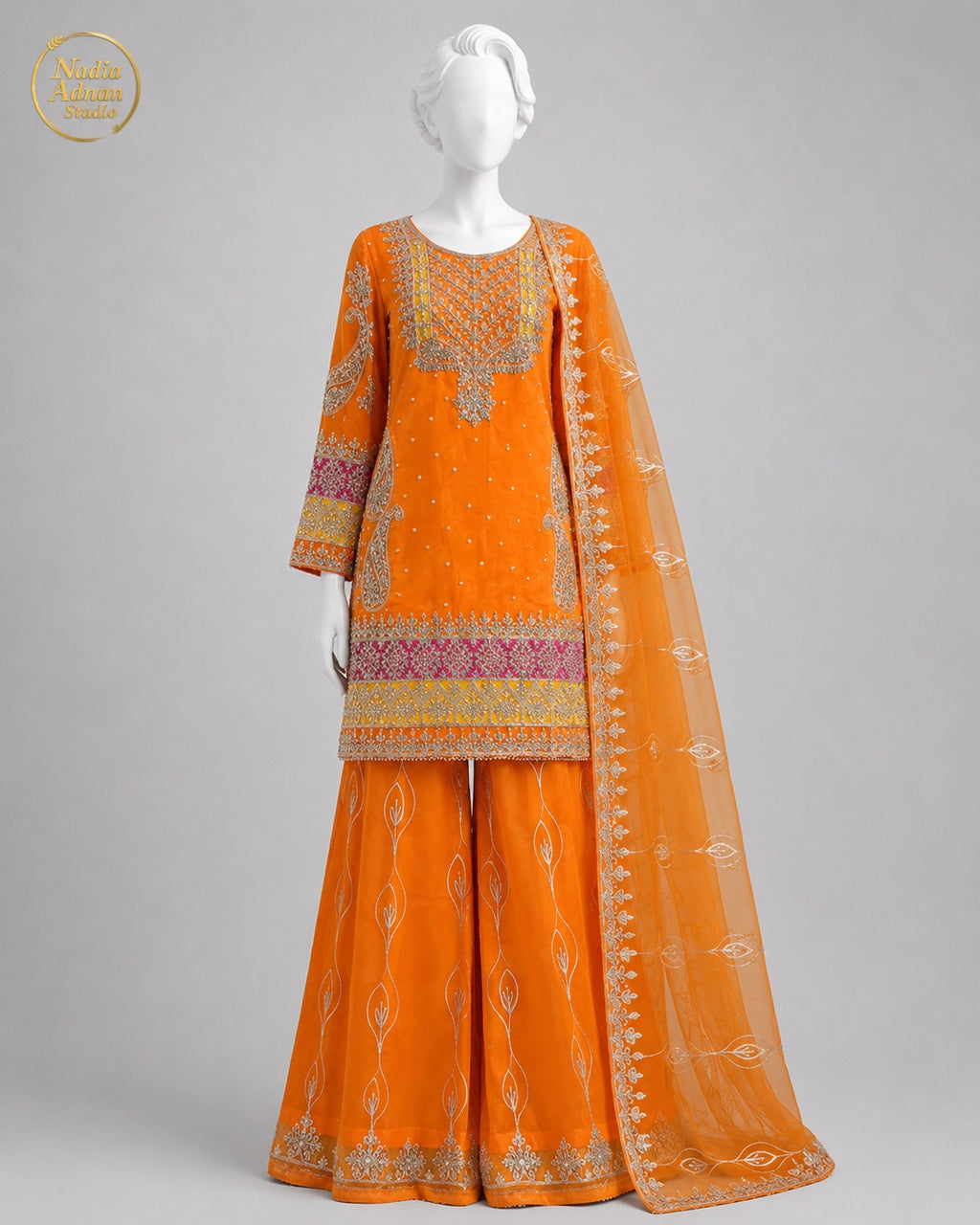 ORANGE ORGANZA SHIRT SHIRT PLAZO -M / L front view - Orange Organza Shirt Plazo by Nadia Adnan Studio