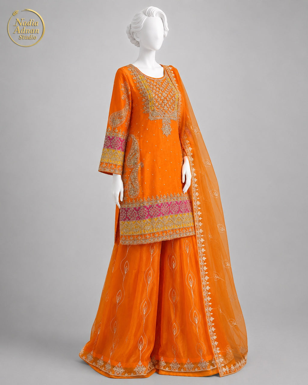 ORANGE ORGANZA SHIRT SHIRT PLAZO -M / L side view - Orange Organza Shirt Plazo by Nadia Adnan Studio