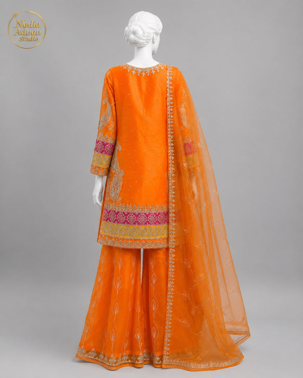 ORANGE ORGANZA SHIRT SHIRT PLAZO -M / L back view - Orange Organza Shirt Plazo by Nadia Adnan Studio