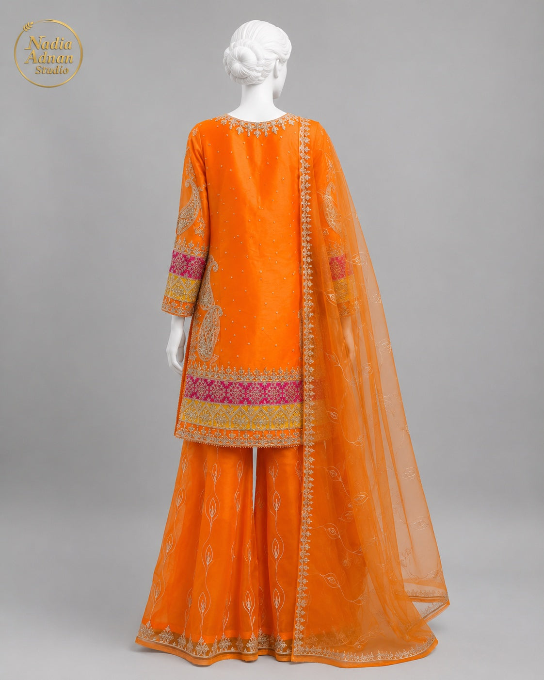 ORANGE ORGANZA SHIRT SHIRT PLAZO -M / L back view - Orange Organza Shirt Plazo by Nadia Adnan Studio