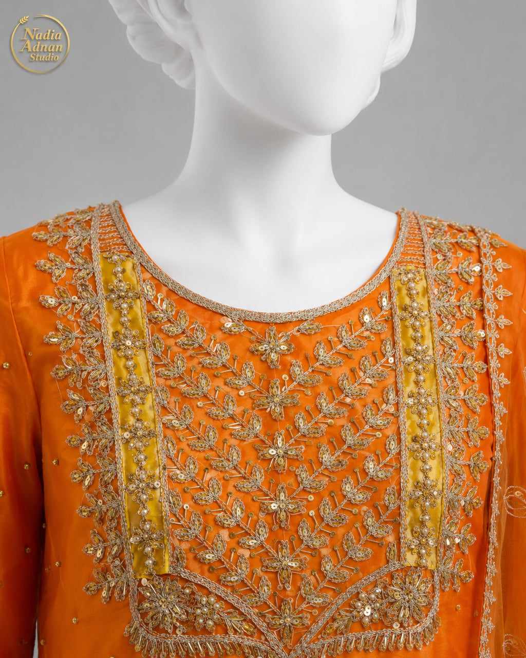 ORANGE ORGANZA SHIRT SHIRT PLAZO -M / L neckline close-up - Orange Organza Shirt Plazo by Nadia Adnan Studio