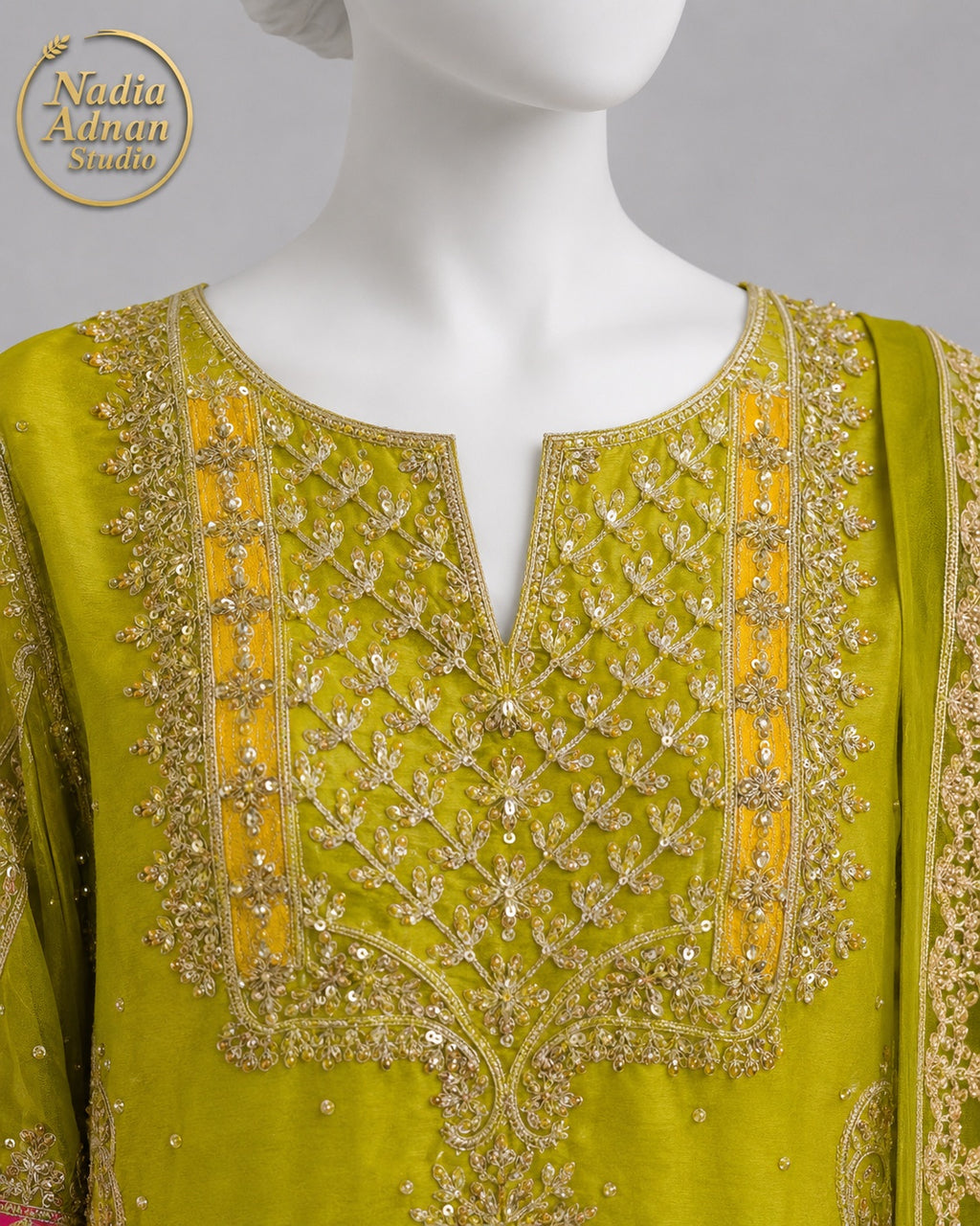 DHANI ORGANZA SHIRT SHIRT PLAZO -M / L neckline close-up - Dhani Organza Shirt Plazo by Nadia Adnan Studio