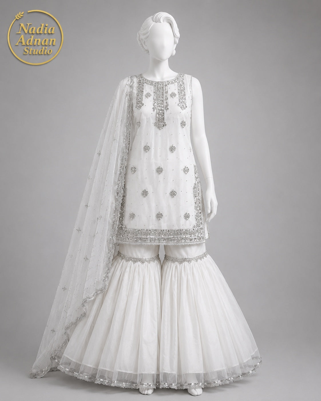 WHITE ORGANZA GHARARA -M / L front view - White Organza Gharara by Nadia Adnan Studio
