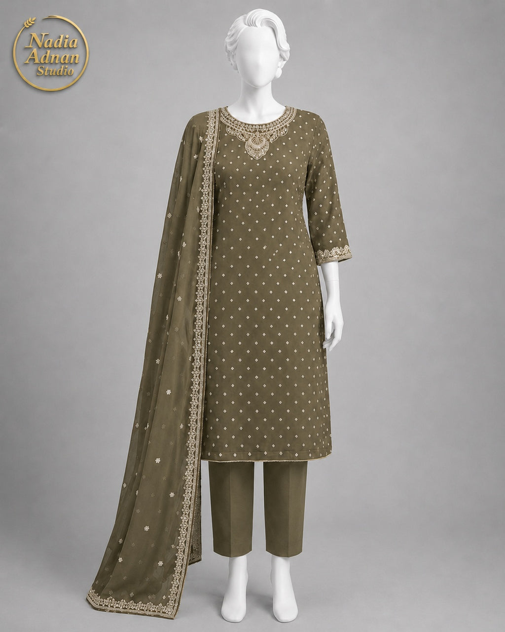 MEHNDI CHIFFON SHIRT PLAZO -L side view - Mehndi Chiffon Shirt Plazo by Nadia Adnan Studio