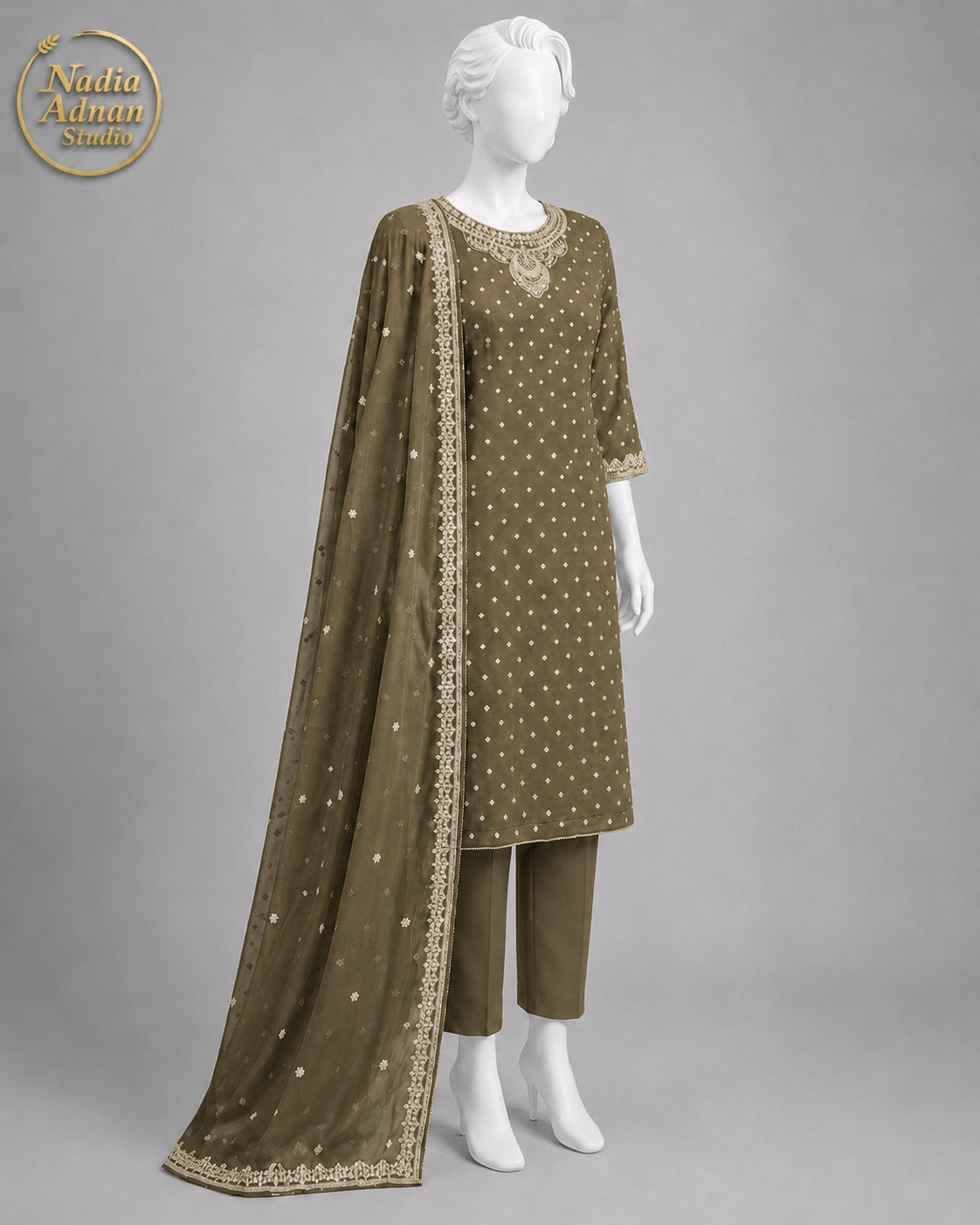 MEHNDI CHIFFON SHIRT PLAZO -L back view - Mehndi Chiffon Shirt Plazo by Nadia Adnan Studio