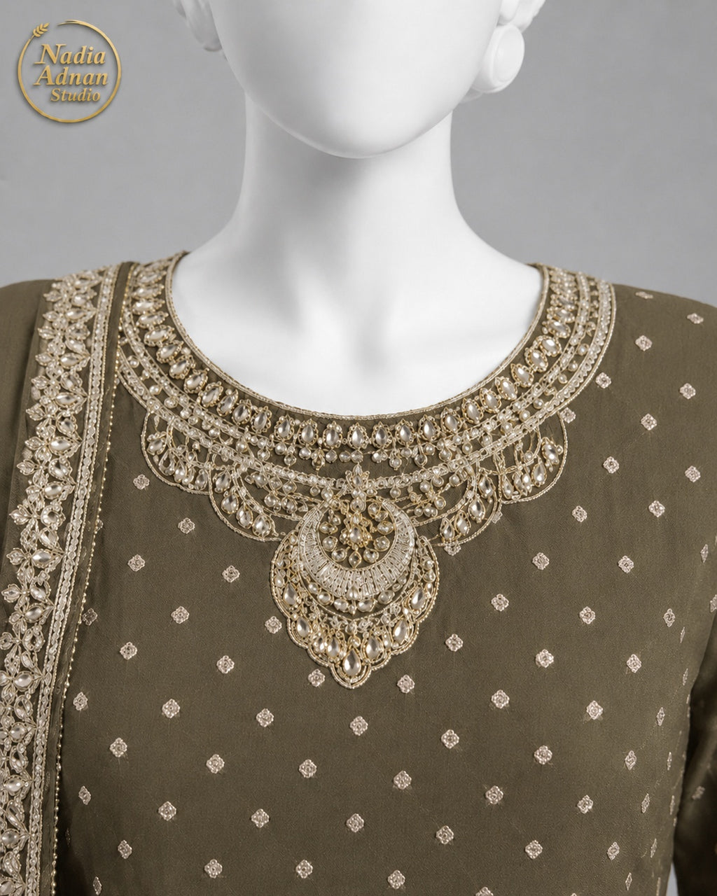 MEHNDI CHIFFON SHIRT PLAZO -L neckline close-up - Mehndi Chiffon Shirt Plazo by Nadia Adnan Studio