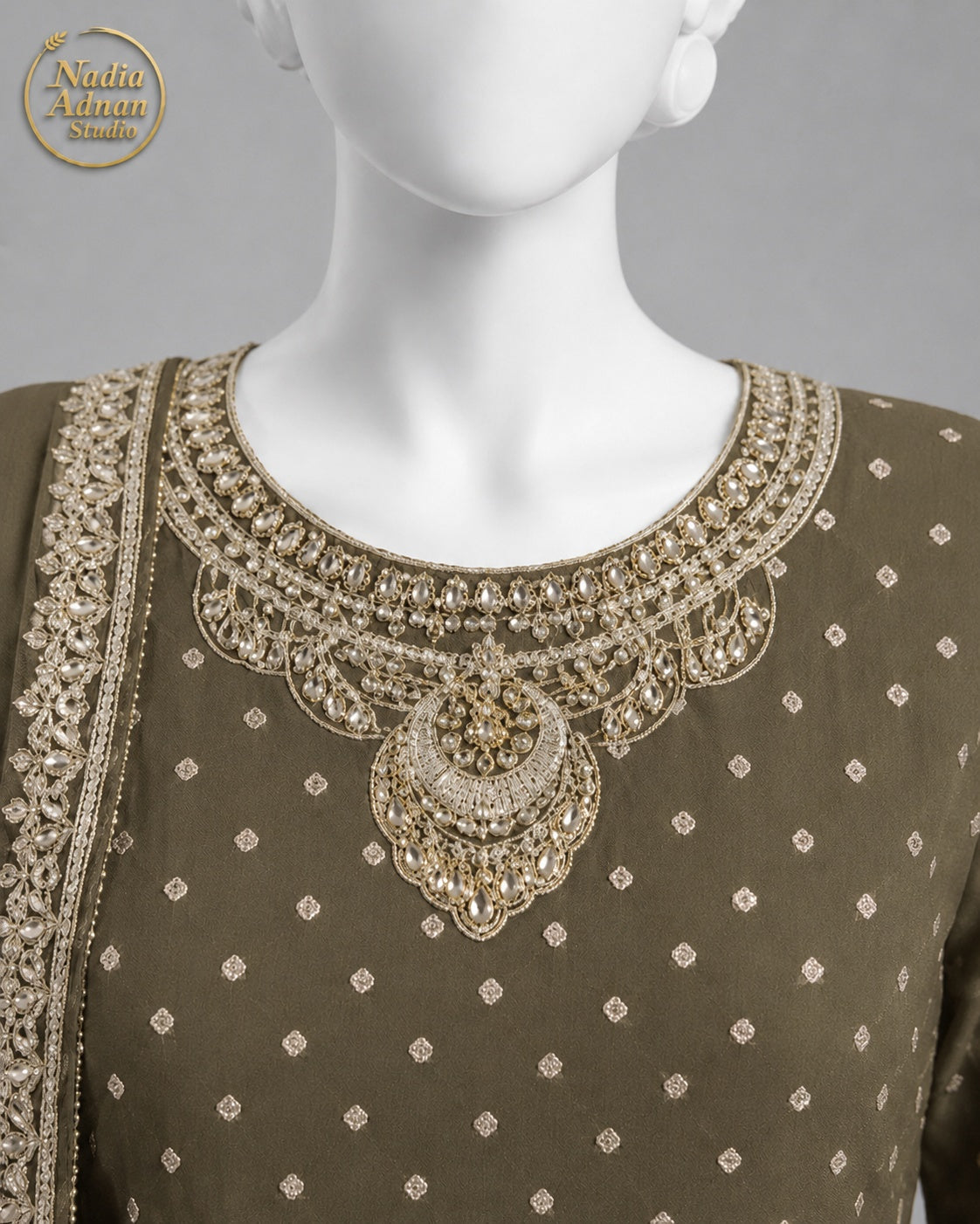 MEHNDI CHIFFON SHIRT PLAZO -L neckline close-up - Mehndi Chiffon Shirt Plazo by Nadia Adnan Studio