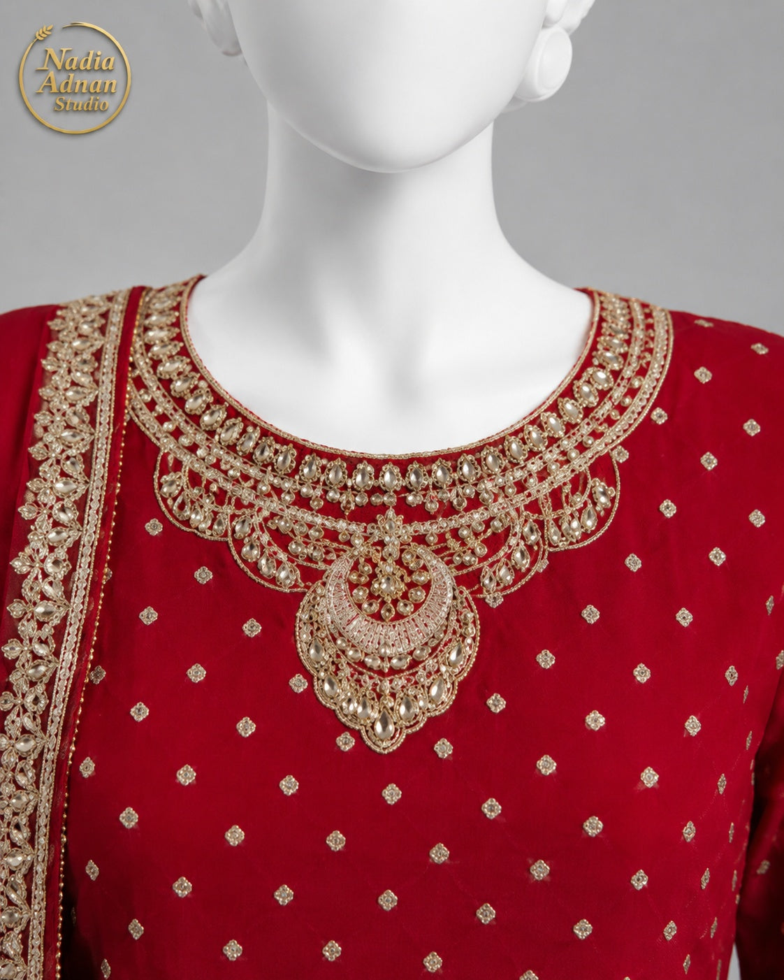 RED CHIFFON SHIRT PLAZO -M neckline close-up - Red Chiffon Shirt Plazo by Nadia Adnan Studio