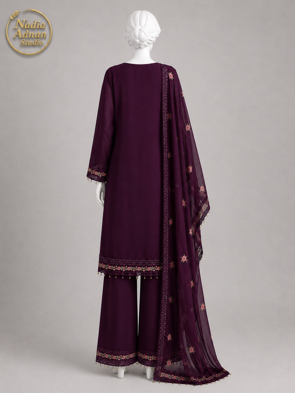 PURPLE CHIFFON SHIRT PLAZO -M back view - Purple Chiffon Shirt Plazo by Nadia Adnan Studio