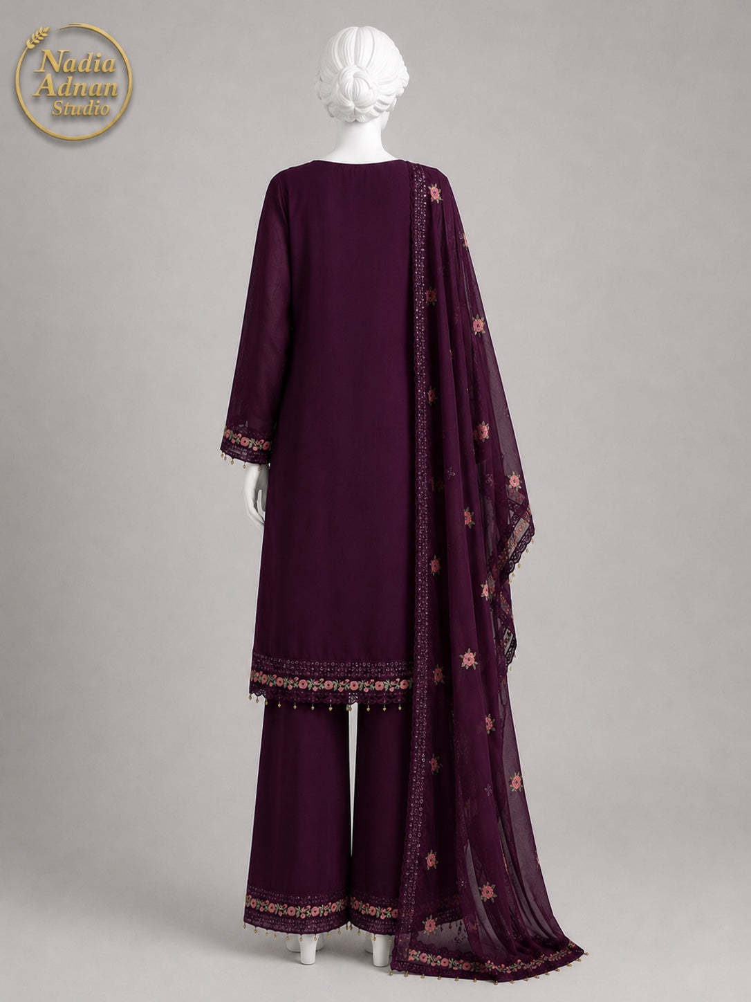 PURPLE CHIFFON SHIRT PLAZO -M back view - Purple Chiffon Shirt Plazo by Nadia Adnan Studio