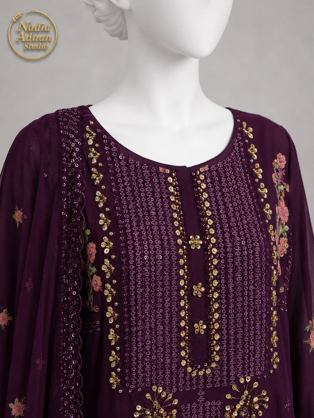 PURPLE CHIFFON SHIRT PLAZO -M neckline close-up - Purple Chiffon Shirt Plazo by Nadia Adnan Studio