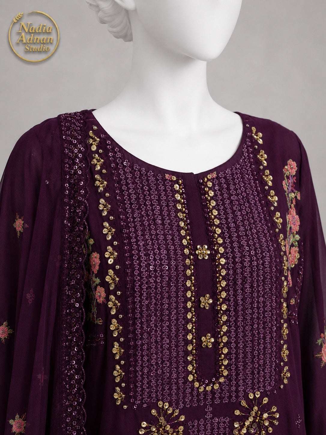 PURPLE CHIFFON SHIRT PLAZO -M neckline close-up - Purple Chiffon Shirt Plazo by Nadia Adnan Studio